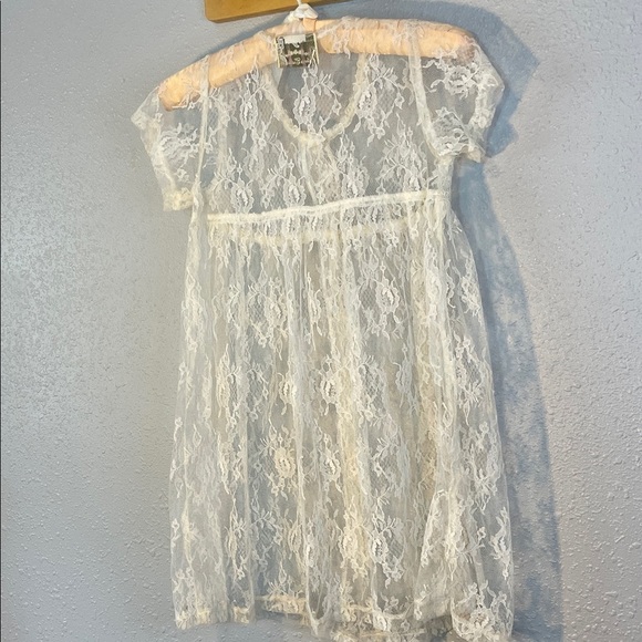 Vintage Elena Collection Ivory Lace Dress – Pearl Button Sheer Overlay Over Slip - Picture 11 of 16